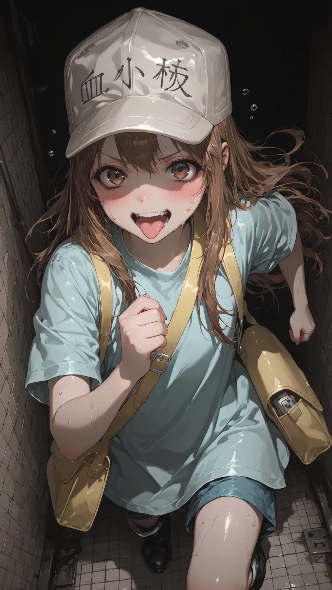 platelet, Long Hair, brown hair, brown eyes, shirt, has, Short sleeve, boots, white hat, blue shirt, Flat Cap, yellow shoulder bag、 ,Running,spoke flying sweat drop,Terribly depressed expression ,plateletの大群が走っている、 Fluorescent color, growing, Glossy effect, Clear contours, bright color, High Contrast, dark background, digital art,,
delicate,masterpiece,Highest Quality,detail,highly detail,high resolution,4K,8k,beautiful artwork,watercolor, BREAK, soft, かすかな線とbright color調で夢のようなもろい外観を作り出しています、Street、