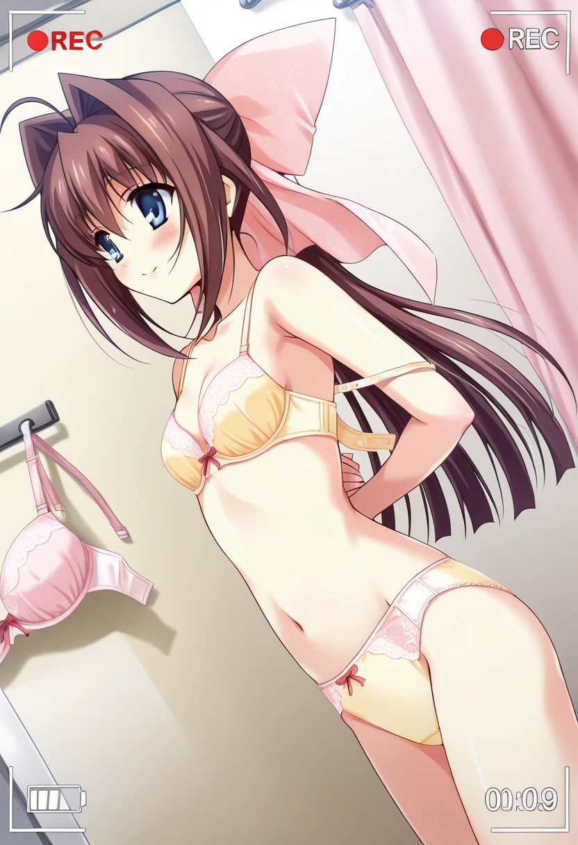1girl, ass, ass cutout, bare arms, bare legs, bedroom, bra, breasts, brown hair, butt crack, clothing cutout, frilled bra, frilled panties, frills, from behind, hair between eyes, hair ribbon, hand in own hair, heart cutout, indoors, kneeling, lingerie, long hair, looking at viewer, looking back, medium breasts, panties, pillow, red eyes, ribbon, shoulder blades, solo, underwear, underwear only, very long hair, white bra, white panties, white ribbon