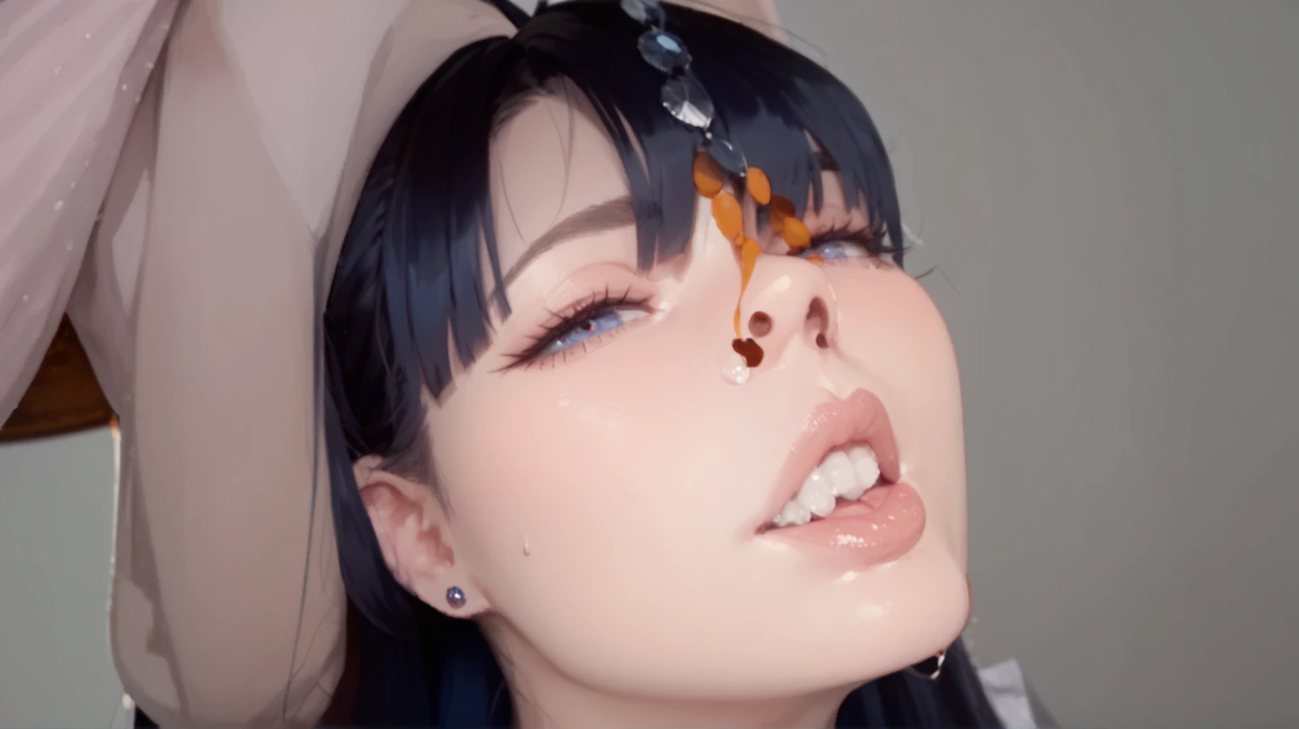 (masterpiece, 4k, high quality, best quality:1.2), 1girl, <lora:FayeValentineV3:0.8>, faye valentine, yellow crop top, (big boobs, big breasts, giant boobs:1.2), cum on clothes, rolling_eyes, ahegao, ahegao face, eyes rolled back, rolling eyes, extreme ecstasy, cumshot, cum all over body, cum all over face, <lora:ahegao,rolling_eyes:0.4>, (yellow hairband, dark purple hair:1.2), yellow shorts, <lora:cumshot_49:0.4>,  <lora:Cumontongue:0.4>, cum in mouth, cum on tongue, tongue out, open mouth, cum string, ejaculation, taking a cumshot on her face, cumshot, futuristic cyberpunk bedroom, night time,