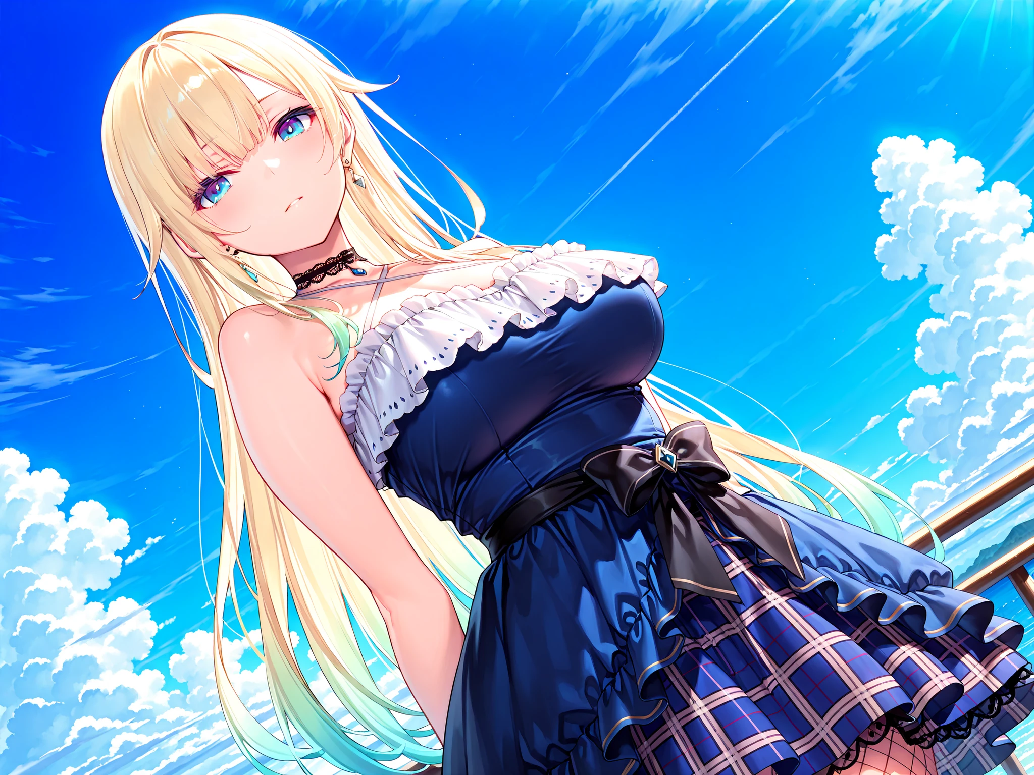 solo,masterpiece,best quality,super fine illustration、finely detail 、clear picture、UHD、HDR, amazing quality, highres, absurdres, very aesthetic, high resolution, ultra detailed, perfect details,vspoema,large breasts,blue eyes,blonde hair,gradient hair,long hair,earring,vspoemacos,(blue dress),criss-cross halter,chest frills,waist black bow,layered skirt,plaid skirt,fishnet,lace choker,mature female、looking at viewer,(masterpiece, detailed:1.2),white shoulder straps,vibrant colors、