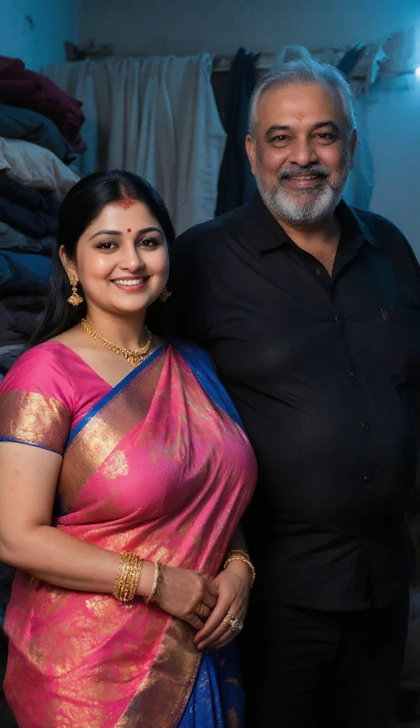 A 50-year-old man affectionately hugging and kissing on lips of a radiant, full-figured South Indian 45 year old very beautiful bride wearing a sky blue silky saree and blue blouse in office, other people cheering next to them, captured in a full-body image with vibrant hues and meticulous details. Full body image