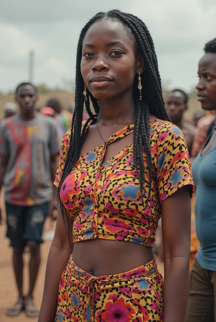 Photo of a Congolese woman, tache de rousseur, young, choker,, crowded paper room, gros plan, couleurs neutres, barren land, tres gross décolleté