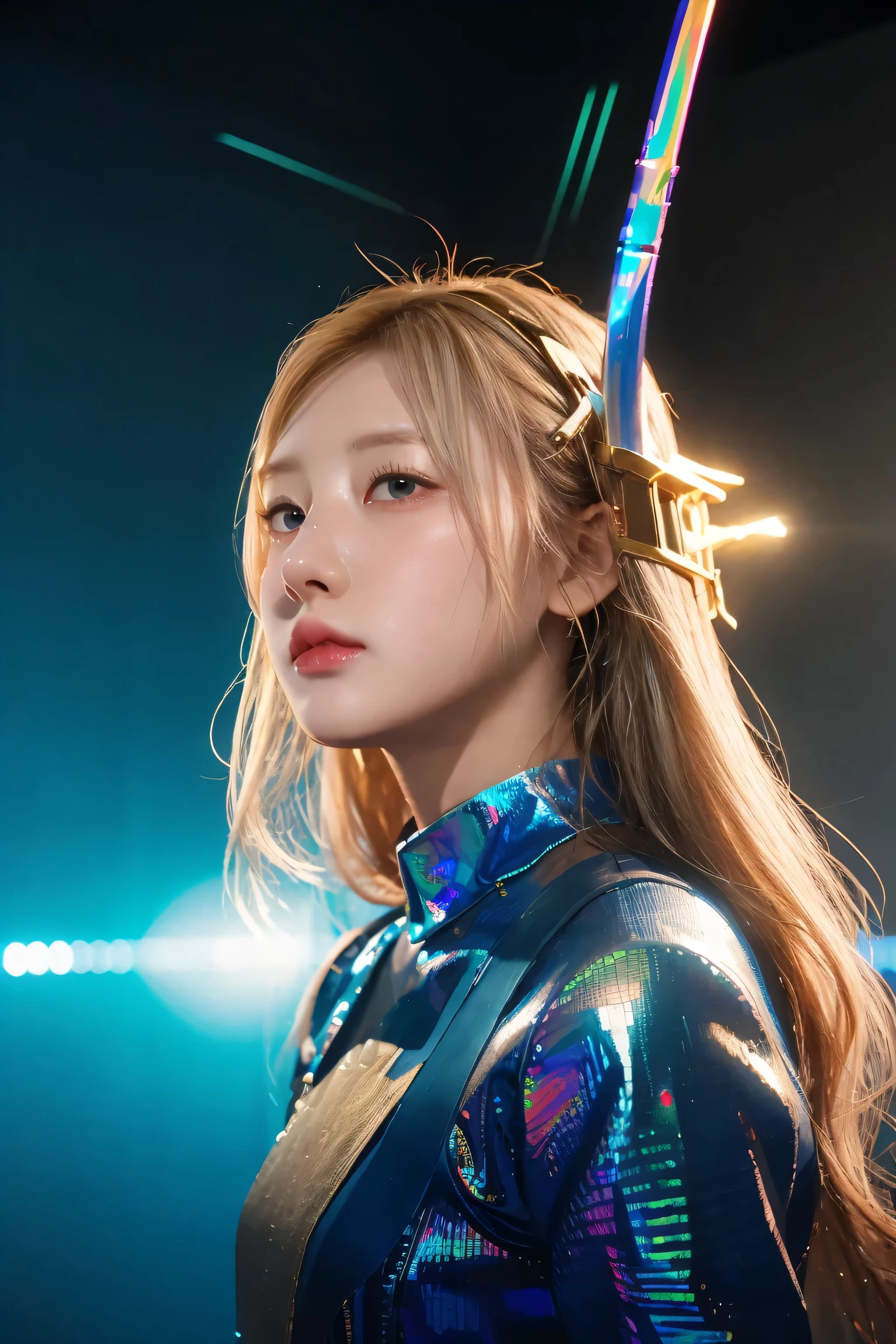 A large, gold Hologram 3D 'Winner' text is floating above her head. Countless floating comment windows flow vertically along the edge of the screen.A sparkling grow effect. A high-resolution blue Hologram view of a Hologram young woman as a knight avatar in a fantasy MMO game. long Blonde. She is shown from a low angle, standing triumphantly with her glowing sword raised high. . long pink ツインテール. smile. She is shown from a low angle, standing.
Behind her, a Falling face down massive blue Hologram boss is glitching and disappearing into digital noise. In the blue Hologram background, a huge pile of Hologram red treasure chests is stacked as a reward. Gold coins fly out of a treasure chest. A health bar is on the left, and a 縦 long chat window is on the right. The scene is set in a holographic-style Labyrinth's Great Hall . The atmosphere is cinematic and victorious, with strong backlighting highlighting the protagonist's silhouette. Hologram Effect. Holographic style. Glitch. Glowing illustration. Glossy, oily finish.
A holographic background collapses from the top.
Dynamic composition, cinematic composition,The entire screen is displayed in blue Hologram. pixiv art style.