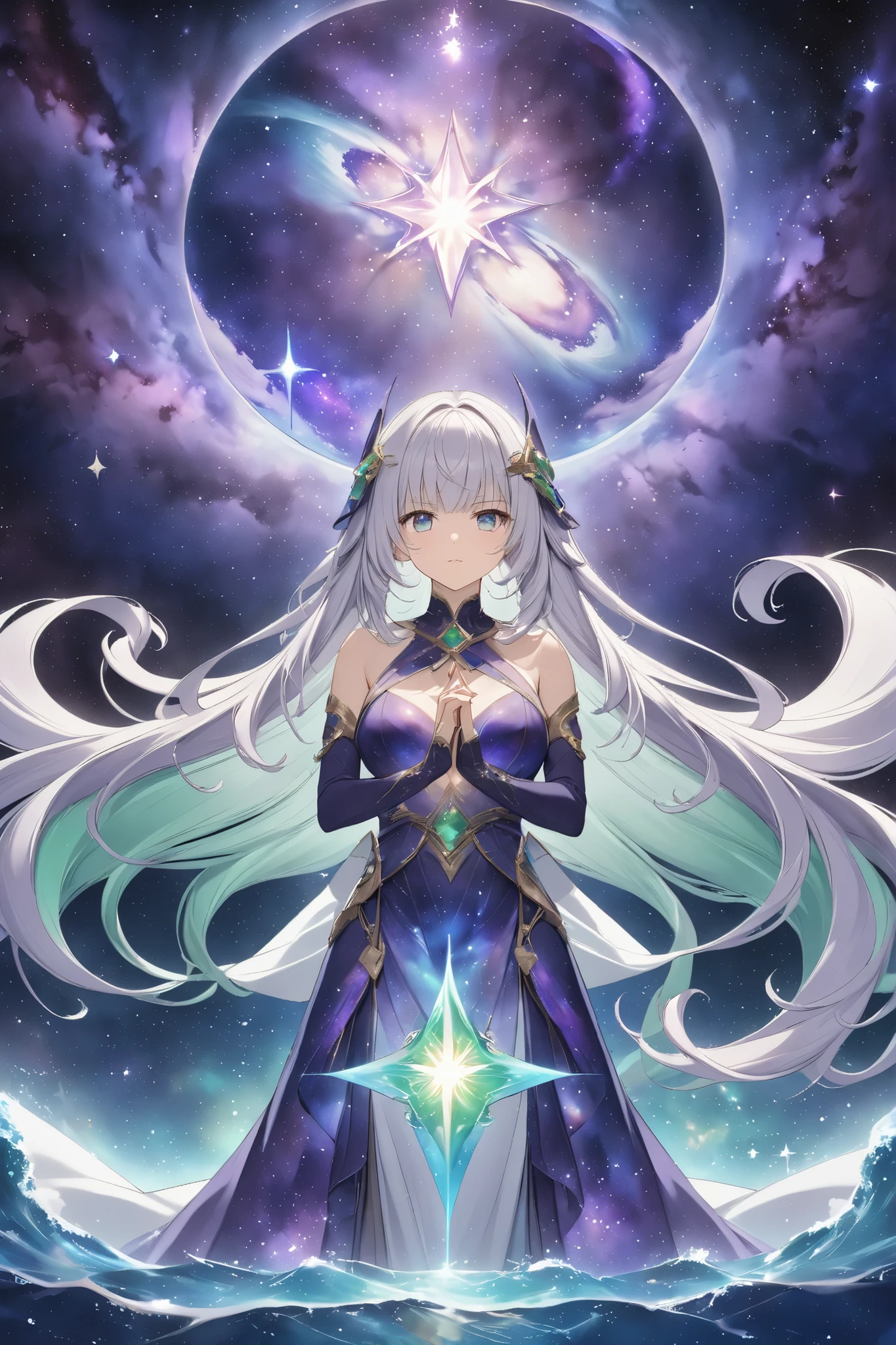 dreamlike parallel world fusion, deep sea, mixed transparency green and transparent ocean colored, starry sky background, cosmic energy swirls, mysterious atmosphere, two figures in the center, one with silver hair and purple galaxy eyes, flowing celestial robes, the other with a determined expression, surrounded by stardust, intricate details, high resolution