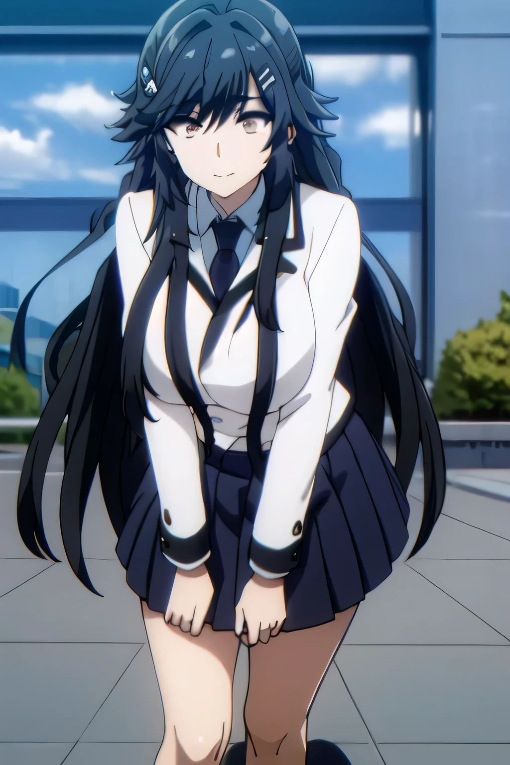 can you draw a woman with long black hair,drawing an increasingly delicate expression,woman with long black hair,,Women with gentle smiles,Alone,,pleated miniskirt,sneakers,,Walking Alone, Alone,、 I'm in a bright building,, Big black wavy hair, , big breasts, thin waist , , ,So facial expression is the top priority、don't cut off your face,Tell me the exact details of human hands and feet,Faces are very important,