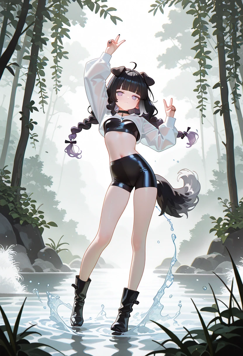 ((Masterpiece)), (Best Quality), Solo, miosha1, hair ornament, ponytail, wolf tail, swimsuit, white shorts, thigh strap, black jacket, leaf print, collar, string bikini, (NSFW:1.2)