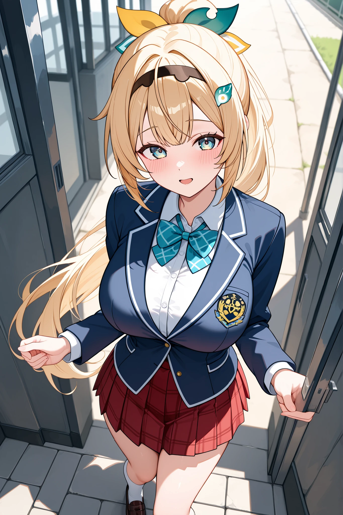 KazamaIroha, hair ornament, hairband, masterpiece, Highest Quality, Great Quality, very aesthetic, Newest, solo,
large breast,
IrohaBase, hair ornament, hairband, Gold hair, ponytail, Schoolyard, sounds fun, viewer's perspective, Front view,
navy blue blazer, red check skirt, white high socks, loafers, taken from above,