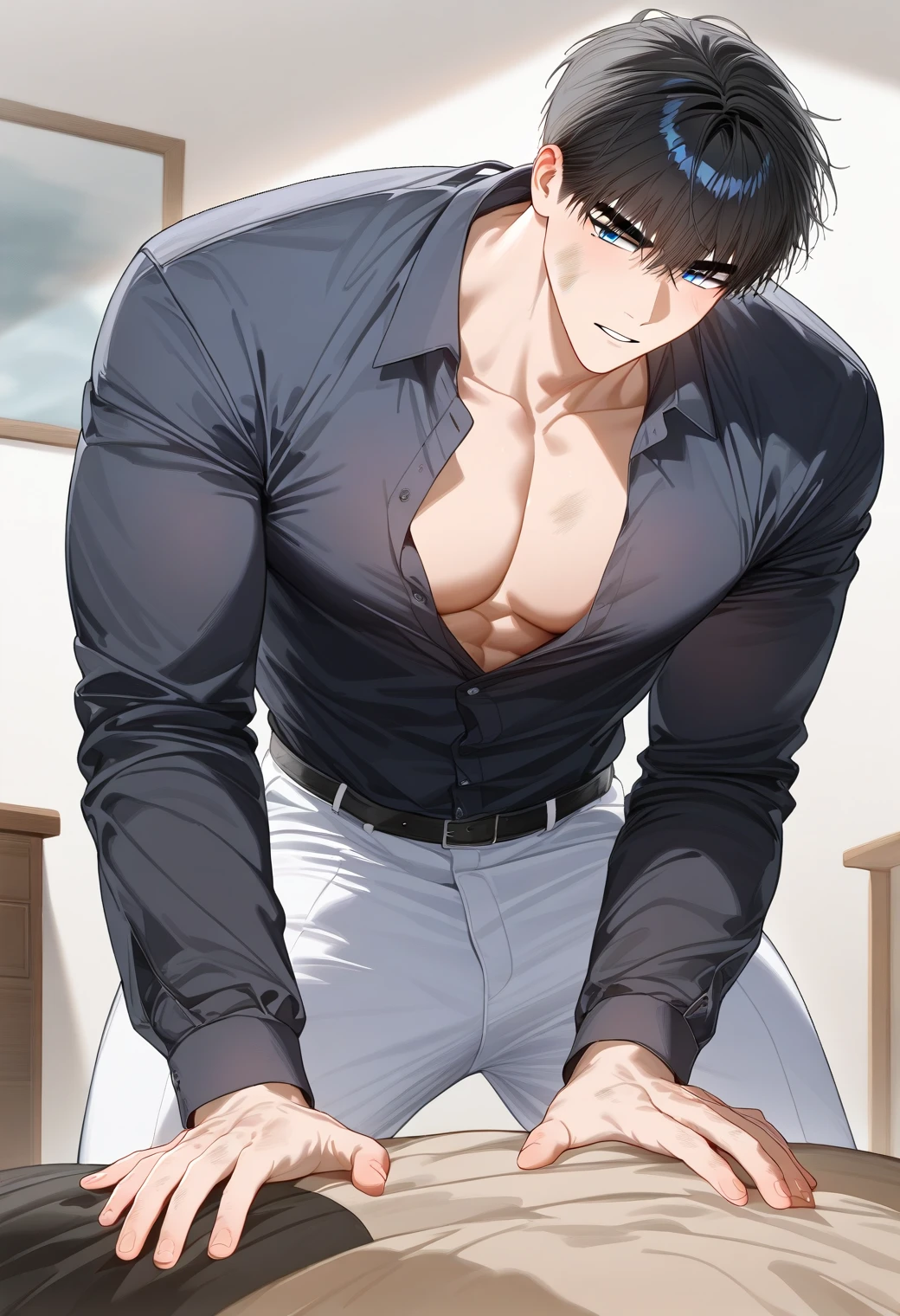 One boy, Face Focus, Adult, sexy, highest quality, employment, Detailed face, office, Building seen from the window, Detailed Background, Diffused sunlight, Written boundary depth, Bokeh、(Very tight chest、Only the chest area is tight、Very saggy breasts、Huge and very heavy pectoral muscles:1.3)、hentai、BL、Boys Love、Muchimuchi、Blue Y-shirt、Salaryman、Attractive face、A man with a cute expression、plump, Sensual lips、Sensual look、Korean Man、The shirt is buttoned、tie、Hairstyles that expose the forehead、Big eyes、Inverted triangle face