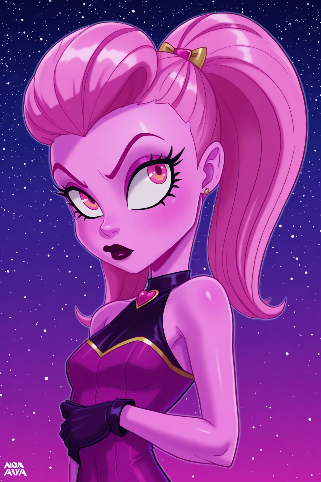 PWHN,makeup,red hair, ponytail, blue eyes, solo, standing, hands on hips, perspective, upper body, red lipstick,
PWSuit, yellow striped bodysuit, skin tight, high heels, black Skull Cap,
high mountain, dusk, stars, cartoon, purple sky,
(insanely detailed, beautiful detailed face, masterpiece, best quality) <lora:princessWHN:0.7>