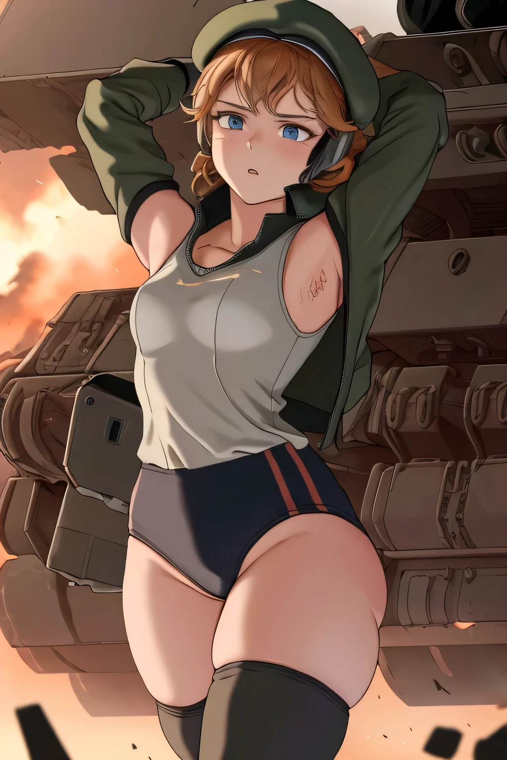 masterpiece , best quality, highres ,1girl,black long hair ,Angry face , beret, blue eyes, black gymnastics bloomers,high leg,self wedgie , flat chest , sleeveless,Victorian blouse, gloves, ultra detailed , Standing, (masterpiece, best quality, anime style, realistic military theme, tactical movement), girl in modified modern military uniform, tactical jacket and black gymnastics bloomers,high leg ,self wedgie,with armor pads, equipped with assault rifle held at the ready, moving alongside a modern main battle tank, dust and debris in the air, crouched or low-running posture, alert expression, helmet with headset and goggles, utility belt and combat boots, battlefield background with smoke, destroyed buildings, spent shells, cinematic lighting and war atmosphere
wearing a black gymnastics bloomers,high leg ,self wedgie,vomiting blood,squating,explosion,vomiting blood,arched back