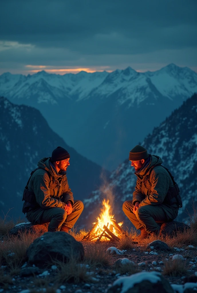 2 muscular Asian man model dress in camouflage pants no shirts sitting around a campfire with his father in the woods