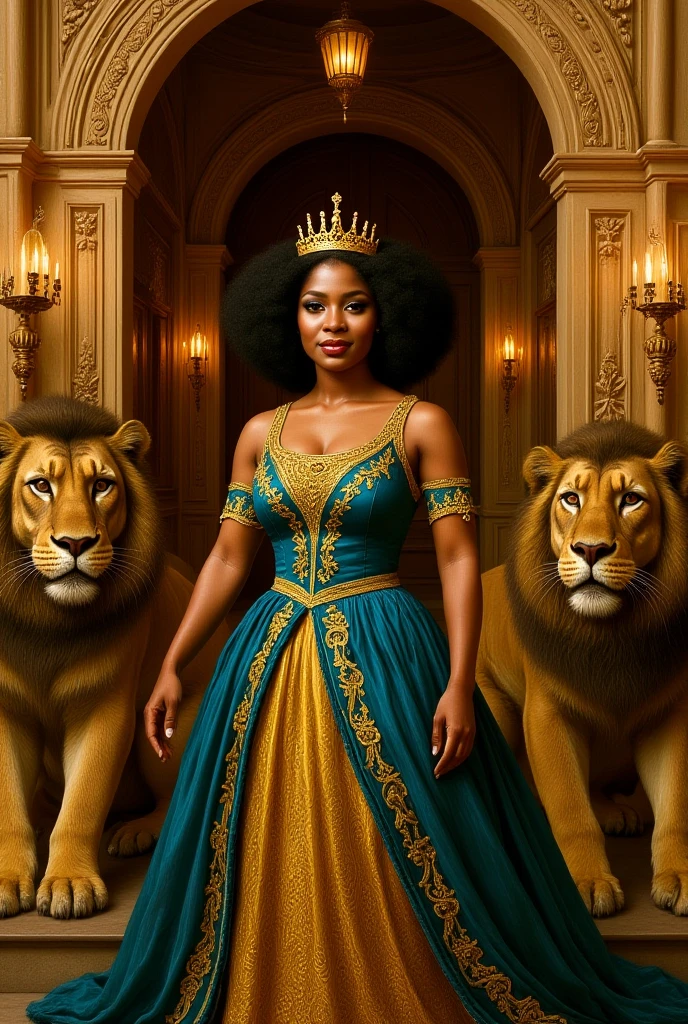 create a painting of a brown women with an afro dress in royalty looking noble standing at the entrance of her mansion with a lion on each side of her