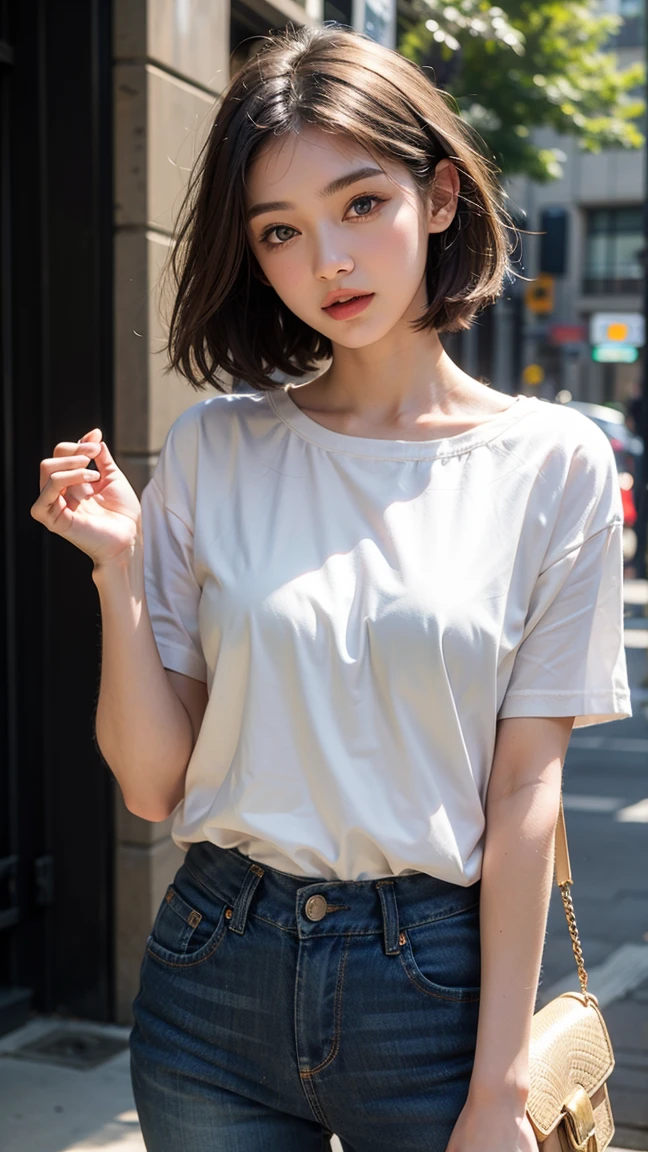((top-quality, 8K, masterpiece:1.3)), sharp focus:1.2, Beautiful Women in Perfect Style:1.4, Slender Abs:1.2, wearing oversize sweat shirts:1.5, wide long skirt, ((dark brown hair:1.2)), (natural soft light, City Street:1.1, autum), Highly detailed facial and skin texture, A detailed eye, natural makeup:0.7, double eyelid, uniform, Female, 24 years old