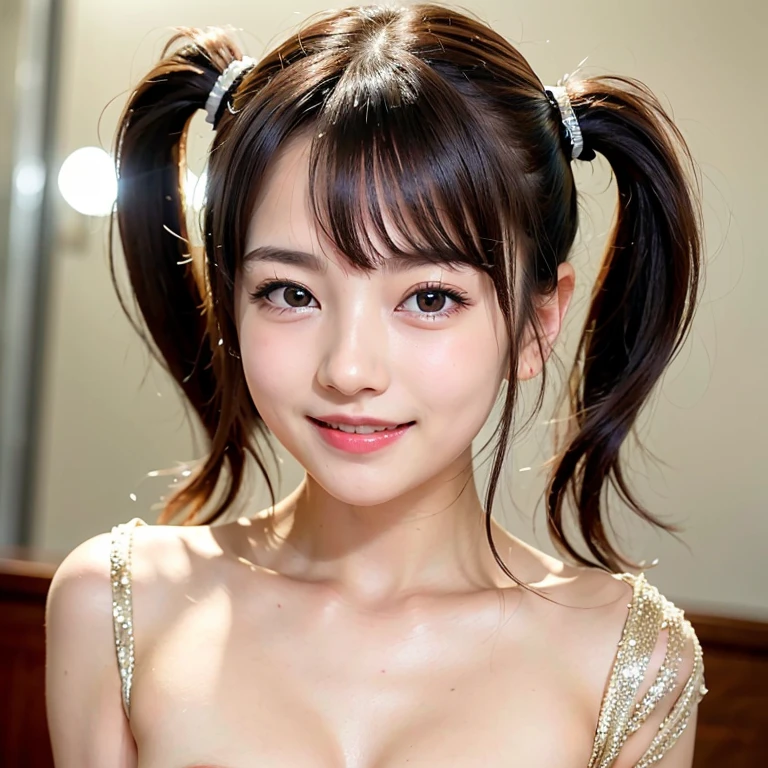 Lots of details, (Narrow waist), 30 years old, Detailed black hair, Beautiful detailed hair, So beautiful, Intricate details、Beautiful and delicate eyes, Perfect hands, (small breasts Highest quality), Perfect and delicate limbs, Detailed skin, Highest quality, Very detailed,(Bright smile:1.5), Full Body Shot, shy, Put your hands on your head, Looking down, Twin tails, Naked Apron, In the kitchen, Retro, Front view, (From below:1.2)