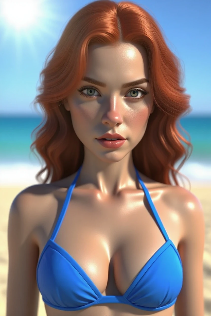 a pretty girl with light brown curly hair and edges with dark blue eyes ,highly detailed, Wearing bikini at the beach