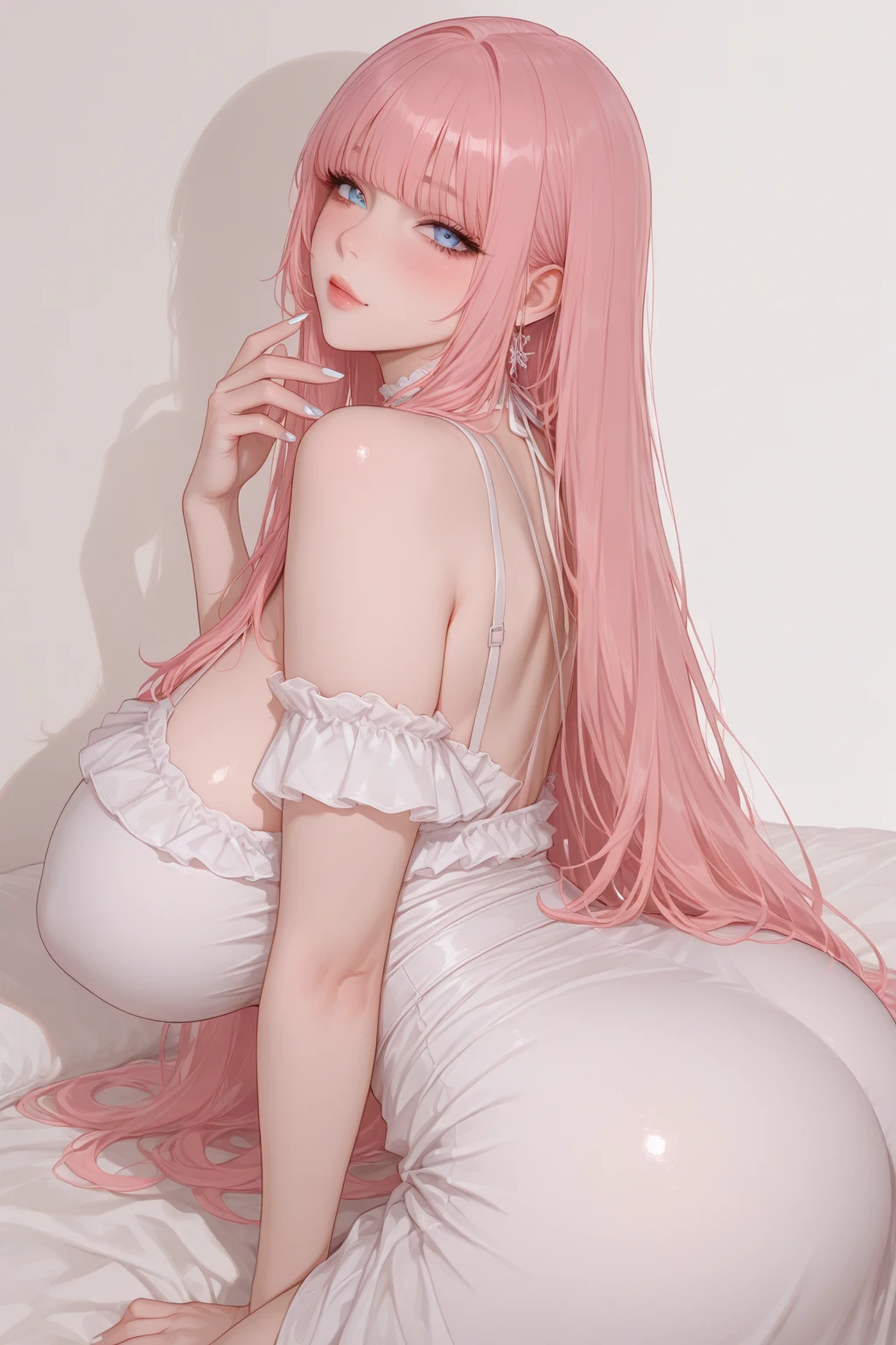 (((masterpiece:1.4, Best Quality:1.4, 8K, ultra high res, Physically Based Rendering))), sharp focus, full body Portrait, full body shot, flat lightning, ultra Beautiful  Woman, Lacus, perfect body:1.1, 20yo, solo, Detailed large blue eyes, detailed thin eyebrows, Highlights in the eyes, (high position wavy ponytail pink hair), Highly detailed facial and skin texture, Slender beauty:1.4, (:1.5), (((:1.3))), beautiful , (small :1.1), slim abs, narrow waist, beautiful skin, ((transparent skirt:1.4, ruffled micro skirt:1.2 )), (detailed beautiful :1.2, pubic hair:1.6,  in :1.4), (slim long beauty legs), (thrust her  back:1.5), light makeup, Clear facial features, (smile), (((: 1.7), outstretched arms, (:1.2), lying with  on golden bed, )), looking at viewer, ((from below)), in the space battleship bridge:1.3,  bed,