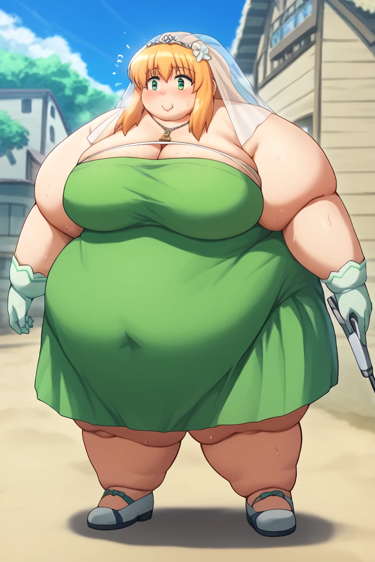 1girl, solo, jolyne, green eyes, lips, closed mouth, looking at viewer, halterneck, pants, simple background, cowboy shot, (contrapposto), short hair, thick thighs, bare arms, sleeveless, bloated, overfed, chubby belly, massive belly, bbw, fat, obese, blushing, sweaty, ssbbw massive belly,