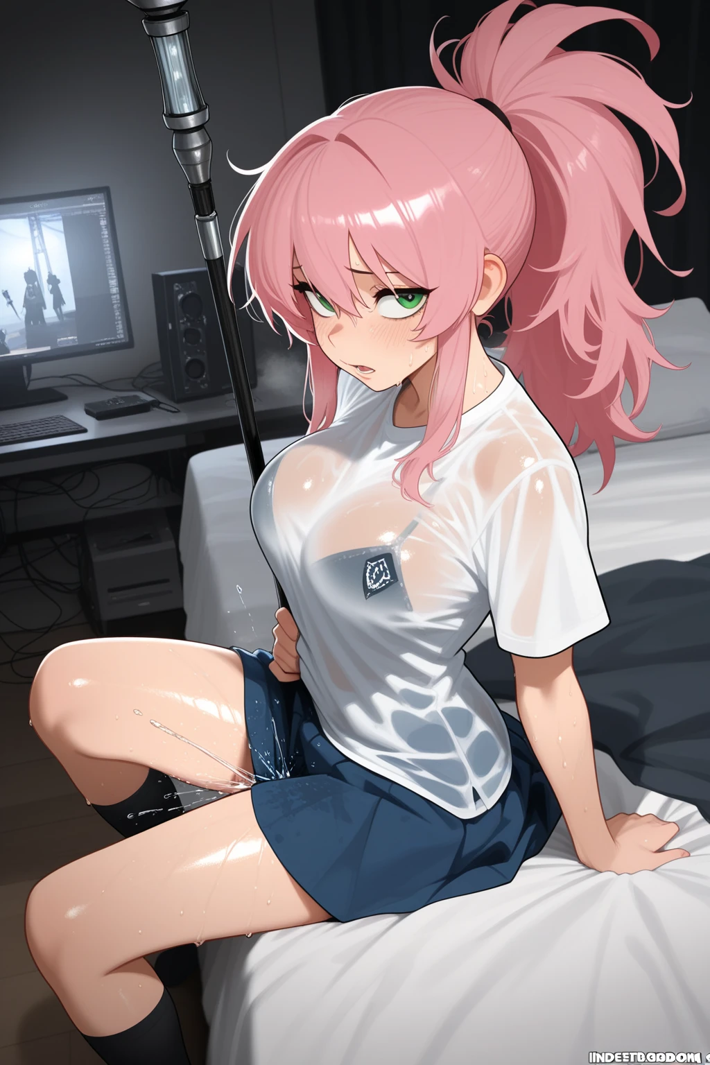 NSFW,masterpiece,Highest quality,High resolution,Very detailed,Shikimori-san\(可愛いだけじゃないShikimori-san\),Pink Hair、Long Hair、blue eyes、Hair between the eyes、bangs,Embarrassed,blush,Lustful face,(Ecstasy face),Crop top,Off the shoulder,Denim shorts,Large fishnet stockings,Heeled Sandals,(Middle-aged men),Grab your chest,Molester