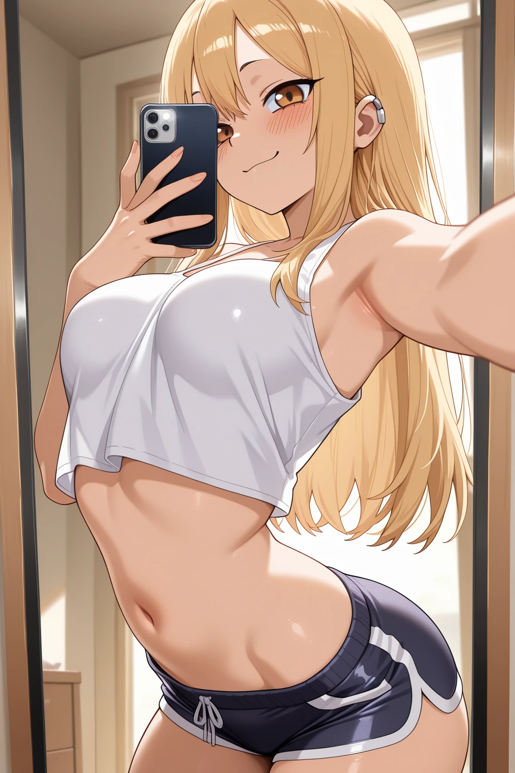 masterpiece,Ultra HD,score_4_onBREAK source_anime,可愛いanimeイラスト, masterpiece,high resolution,smile,alone,mahirushiina,One girl,Blonde,Long Hair,,Selfie pose,Show your underwear,Black Bra,black tights,School,classroom,nsfw,Sitting,Spread your legs,