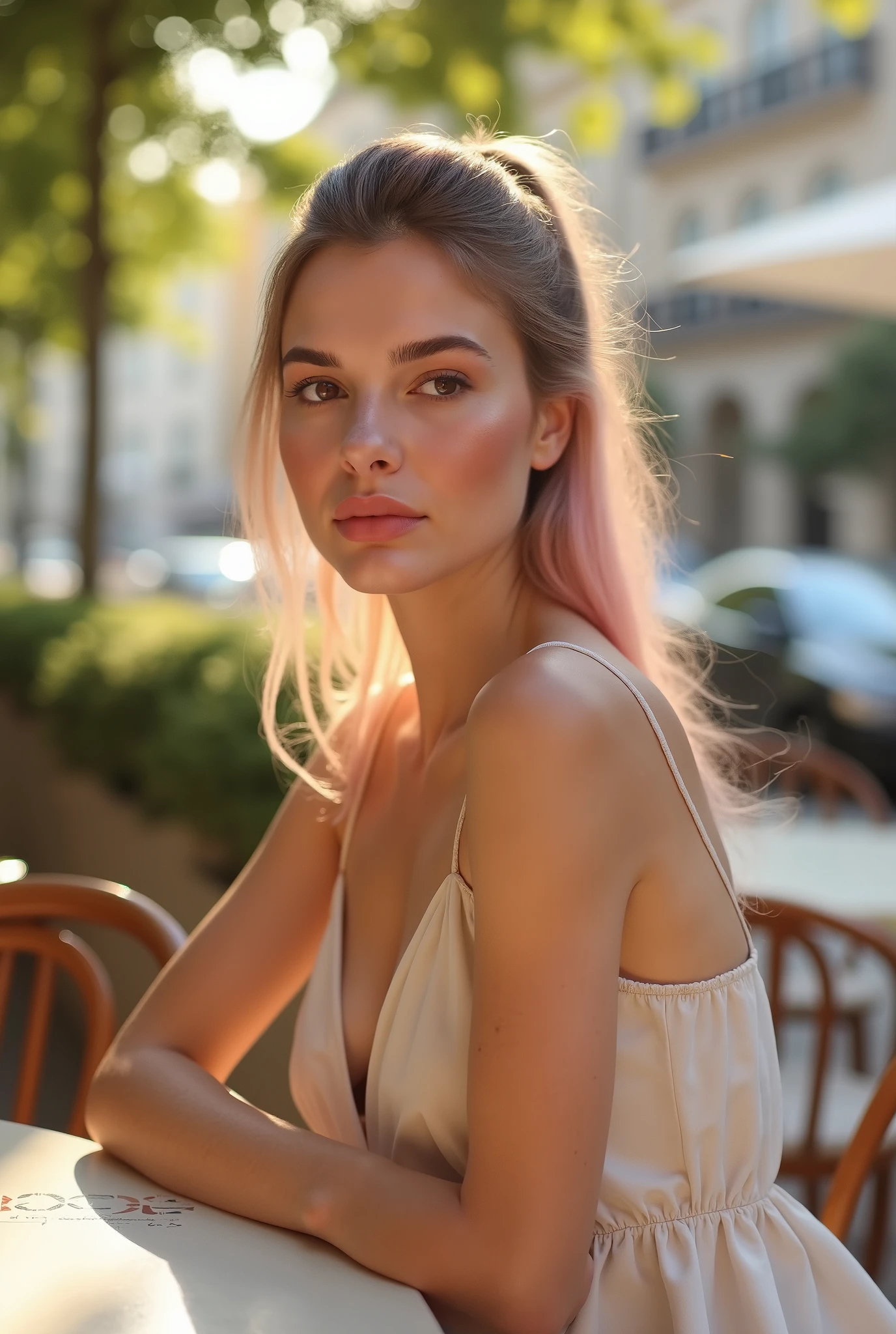 Full body photoshoot: 1.9, ultra-realistic high-definition editorial photo of a stunning young European woman with silky pastel-pink hair tied in a loose ponytail, lightly tanned smooth skin, deep brown almond-shaped eyes, elegant minimal makeup. Sitting at an outdoor café table, wearing a light summer dress, looking off to the side with a thoughtful expression, warm sunlight filtering through trees, bokeh city background.