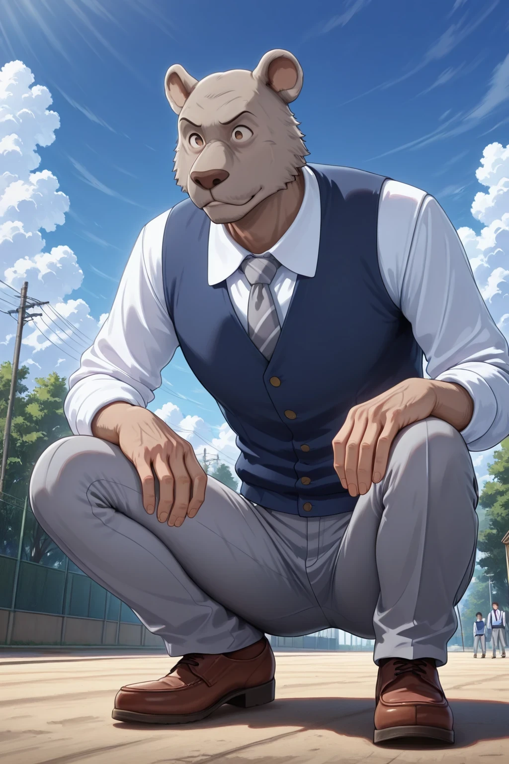 absurd result, best quality, alta calidad, detailed,  , wide shoulders, Mature man, tiny brown eyes, athletic build, musculvery hombre,  round ears , very, polish, Grey body, gray school pants with stripes ,Blue vest, white long sleeve shirt, gray tie, while squatting, squatting, in the schoolyard, sky blue, white clouds, sunny day, looking at the spectator, full body, aggressive