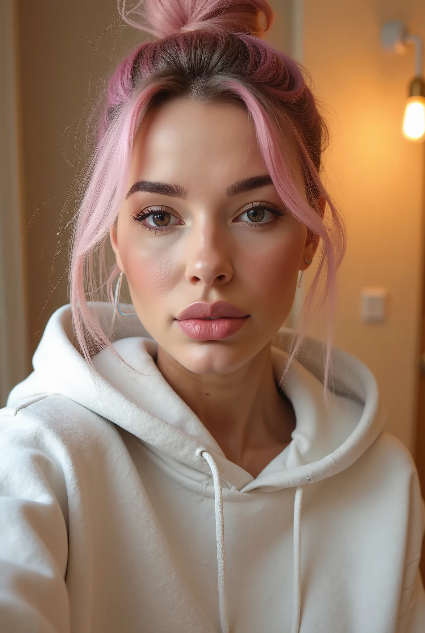 Ultra-realistic high-definition selfie portrait of a stunning young European woman with silky pastel-pink hair, lightly tanned smooth skin, deep brown almond-shaped eyes, elegant natural makeup. Holding her phone in front of a bathroom mirror, casual messy bun, wearing an oversized hoodie, soft warm indoor light.