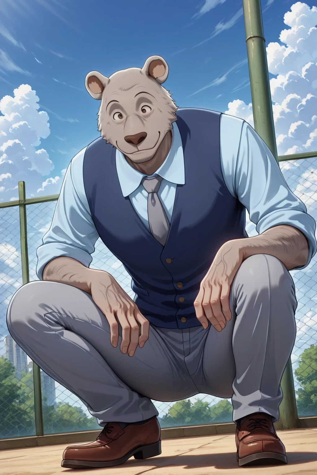absurd result, best quality, alta calidad, detailed,  , wide shoulders, Mature man, tiny brown eyes, athletic build, musculvery hombre,  round ears , very, polish, Grey body, gray school pants with stripes ,Blue vest, long sleeve white shirt, gray tie, while squatting, squatting, in the schoolyard, sky blue, white clouds, sunny day, looking at the spectator, full body , smiling