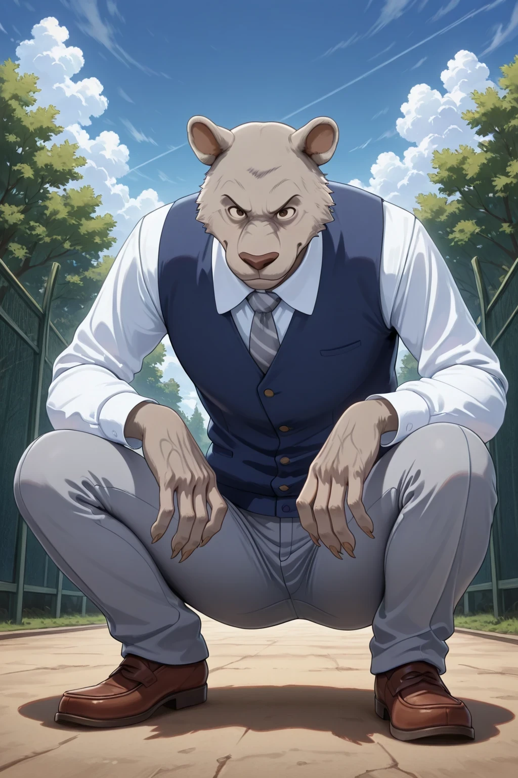absurd result, best quality, alta calidad, detailed,  , wide shoulders, Mature man, tiny brown eyes, athletic build, musculvery hombre,  round ears , very, polish, Grey body, gray school pants with stripes ,Blue vest, white long sleeve shirt, gray tie, while squatting, squatting, in the schoolyard, sky blue, white clouds, sunny day, looking at the spectator, full body, aggressive, gray fur, claws