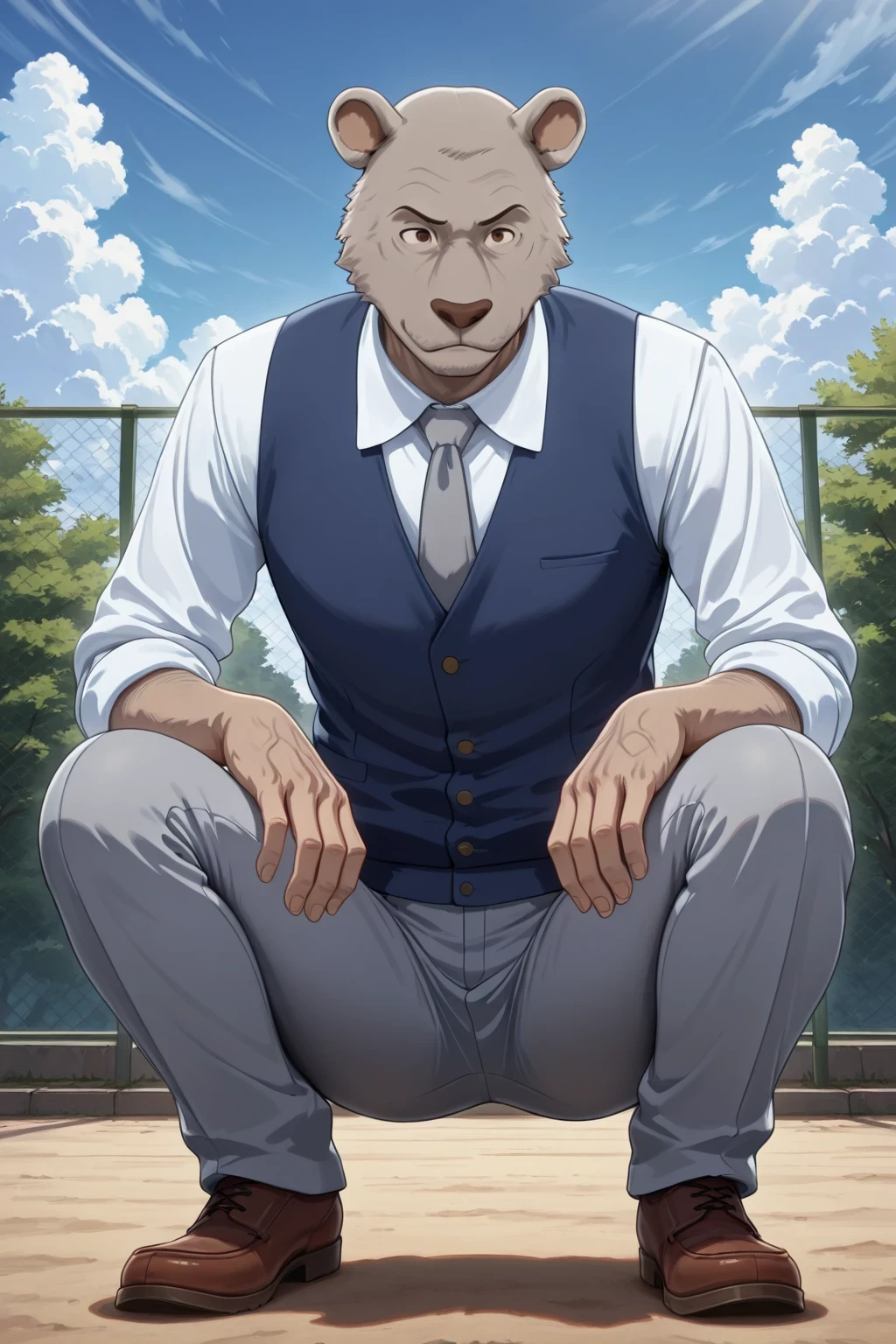 absurd result, best quality, alta calidad, detailed,  , wide shoulders, Mature man, tiny brown eyes, athletic build, musculvery hombre,  round ears , very, polish, Grey body, gray school pants with stripes ,Blue vest, white long sleeve shirt, gray tie, while squatting, squatting, in the schoolyard, sky blue, white clouds, sunny day, looking at the spectator, full body,  