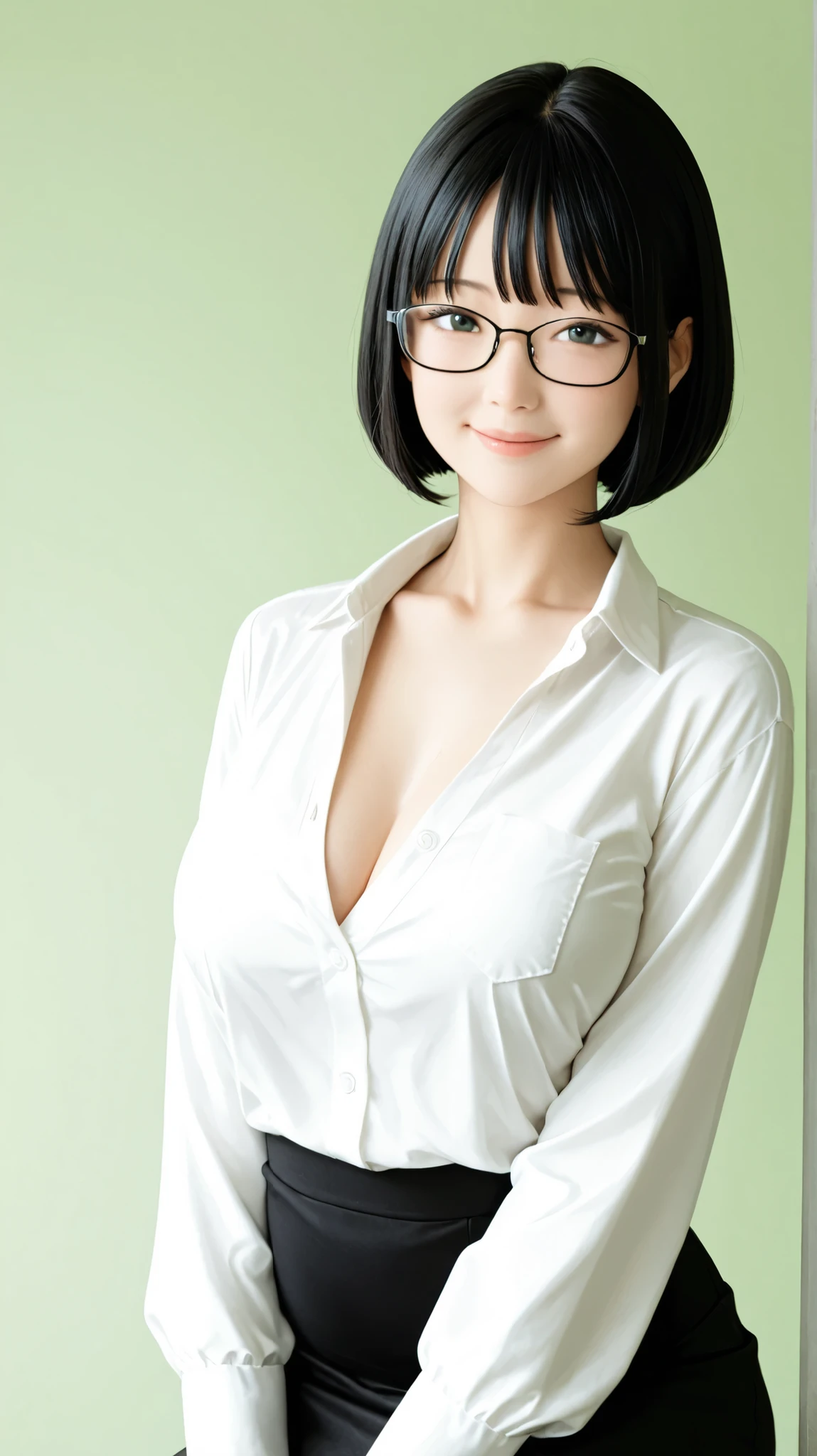 beautiful woman with short bob-style black hair, wearing glasses, white dress shirt, black tight skirt, warm gentle smile with open eyes, soft inviting gaze, large bust, slightly open chest area, professional yet sensual style, smooth skin, detailed facial features, soft flushed cheeks, ultra-detailed, high resolution, sharp focus, cinematic lighting, solid green background, single person, portrait composition, fully clothed