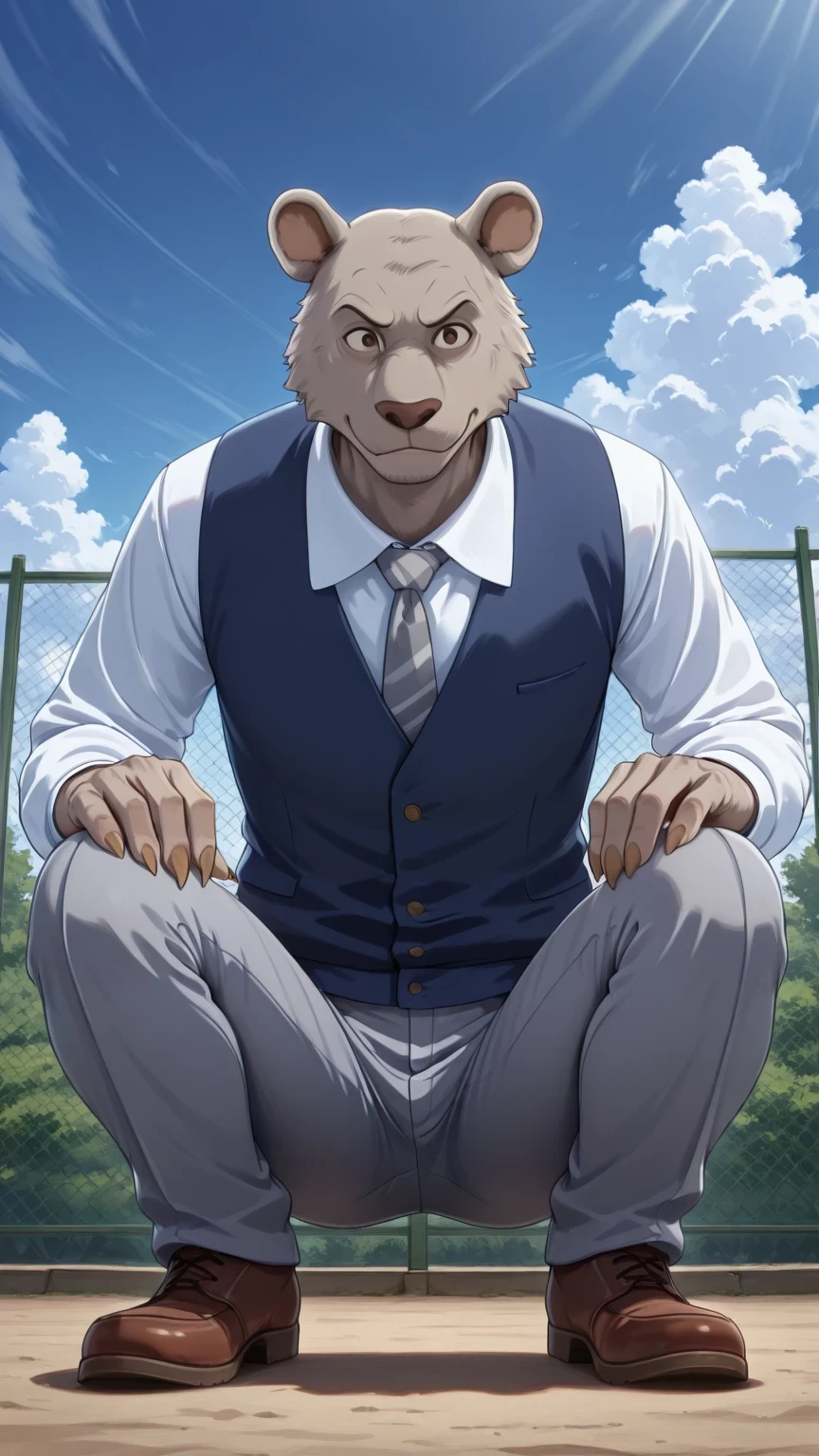absurd result, best quality, alta calidad, detailed,  , wide shoulders, Mature man, tiny brown eyes, athletic build, musculvery hombre,  round ears , very, polish, Grey body, gray school pants with stripes ,Blue vest, white long sleeve shirt, gray tie, while squatting, squatting, in the schoolyard, sky blue, white clouds, sunny day, looking at the spectator, full body, aggressive, gray fur, claws