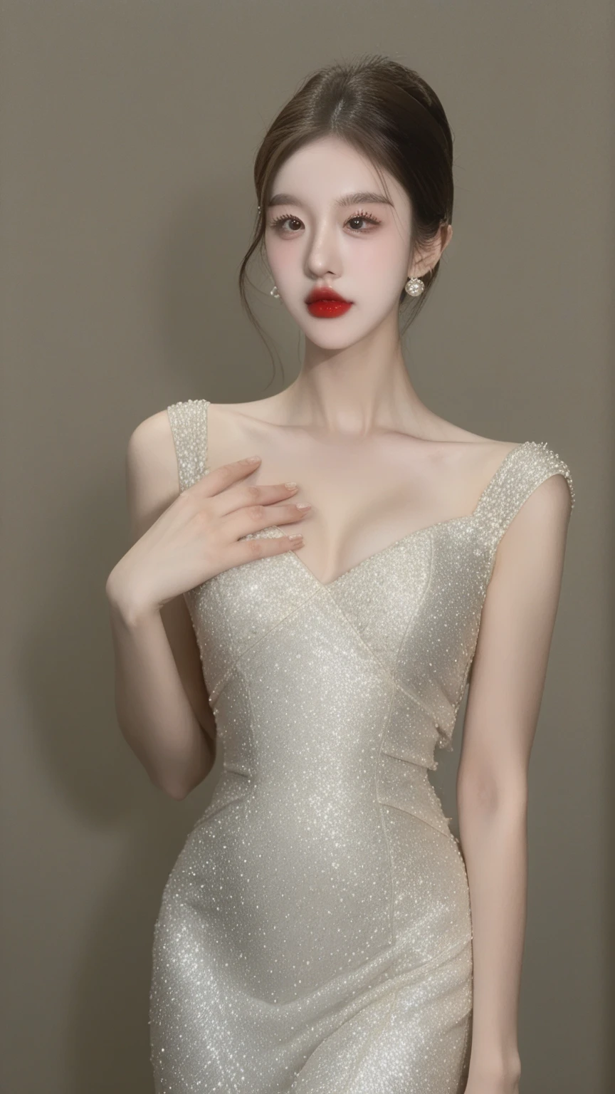 (Photorealistic),(Masterpiece),(ultra-detailed),a close shot of a tall very beautiful and extremely thin girl who is literally just skin and bones because of being severely malnourished and looks so fragile and delicate and has large expressive eyes and very small head, can see all her bones,she has very small and thin body frame and legs,extremely slender build, sitting on a chair, wearing a long white full loose silky flowing dress like a fairy, a waistband on the dress, already large eyes accentuated with makeup