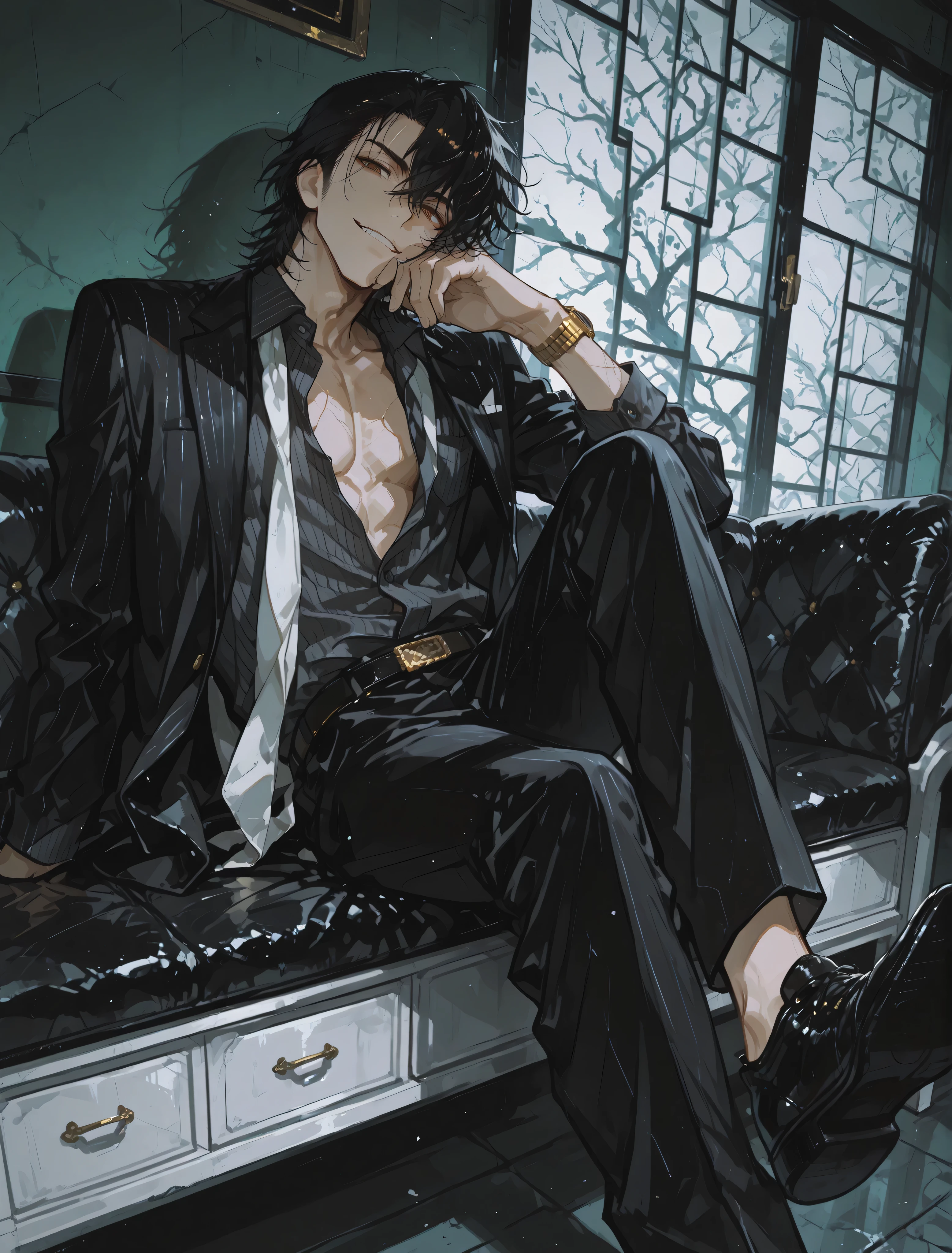2D anime style, handsome 30-year-old man, messy short wavy black hair, no shaved sides, brown eyes, slender but toned body, wearing only a black pinstripe dress shirt with the top button undone, loose white necktie, black pants, shirt slightly open at the chest, sitting in a relaxed and arrogant pose on a black leather sofa, leaning back with one or both legs casually resting on a front desk, shoes on the desk, hands loosely clasped or resting casually, wearing a gold wristwatch, yakuza style, bad boy aura, seductive yet slightly wicked smile, masterpiece, best quality, high resolution, detailed line art, vibrant anime coloring, background: dimly lit stylish room, bust-up from chest up, face well-lit, refined male beauty, sharp jawline, masculine features, proportional hands, smooth shading