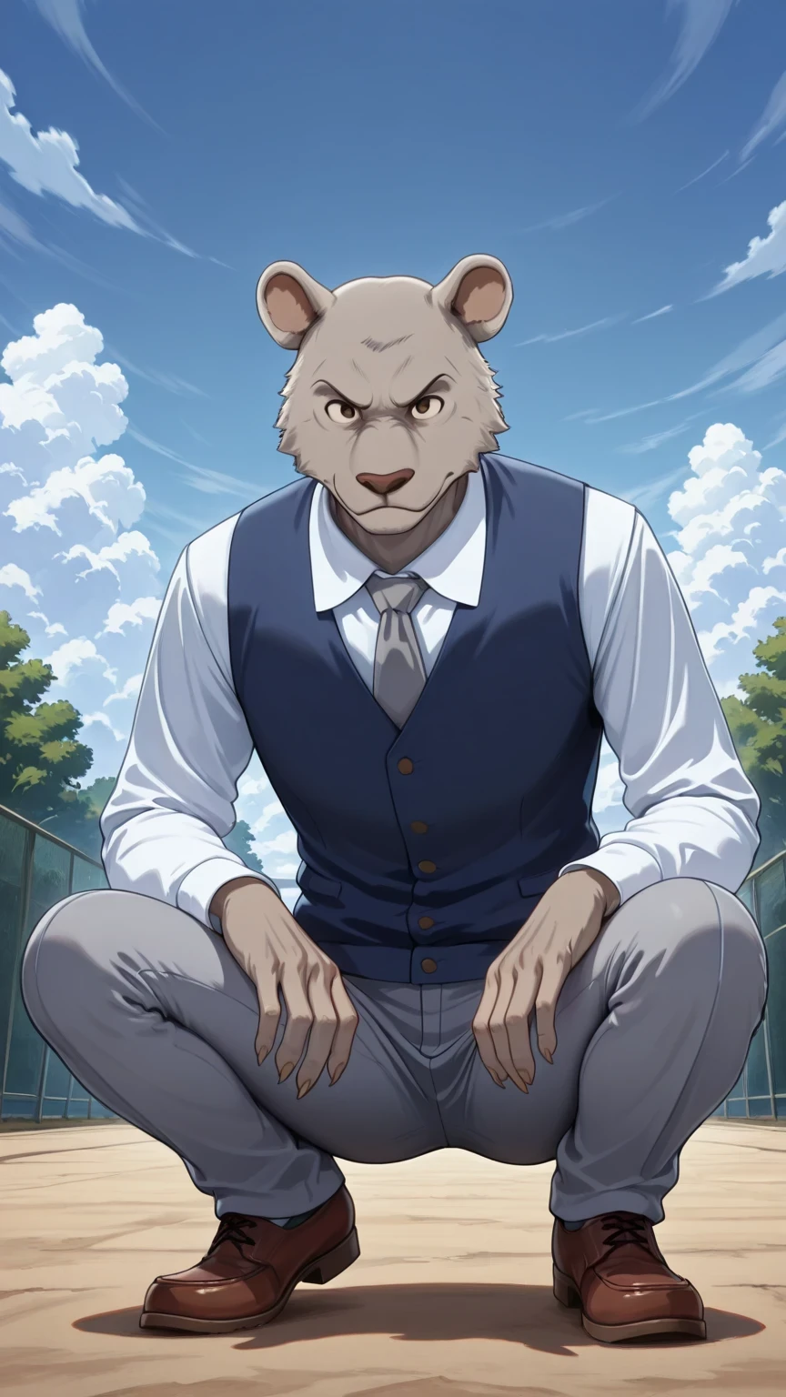 absurd result, best quality, alta calidad, detailed,  , wide shoulders, Mature man, tiny brown eyes, athletic build, musculvery hombre,  round ears , very, polish, Grey body, gray school pants with stripes ,Blue vest, white long sleeve shirt, gray tie, while squatting, squatting, in the schoolyard, sky blue, white clouds, sunny day, looking at the spectator, full body, Serious, gray fur, claws