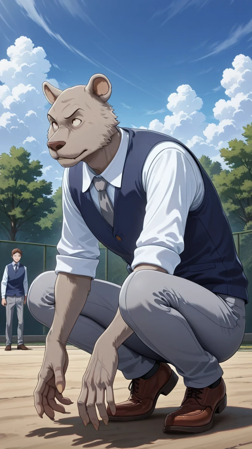 absurd result, best quality, alta calidad, detailed,  , wide shoulders, Mature man, tiny brown eyes, athletic build, musculvery hombre,  round ears , very, polish, Grey body, gray school pants with thick black stripes ,Navy blue vest, white long sleeve shirt, gray tie, while squatting, squatting, in the schoolyard, sky blue, white clouds, sunny day, looking at the spectator, full body, aggressive, gray fur, clawed hands