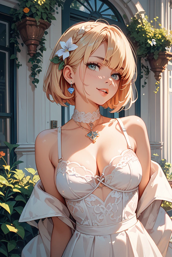 Realistic, Hyper Detail, Girls Only, Layered Bob, Dynamic Lighting, (((Bold imaginative poses)), (Glossy skin: 1.5), Masterpiece, Top Quality, Absurdity, Watching Viewer, (Blonde and Pink Hair), Purple Clear Eyes, Slender, High Resolution, Sharp Focus, Depth of Field, Detail Eyes, Sharp Eyes, ((Realistic Eyes)), (Medium: 1.4), Outdoor, Sunrise sky, lots of white hydrangeas, (Mekoji: 1.2)), ((Attractive delicate design flashy lace underwear: 1.3)), smile