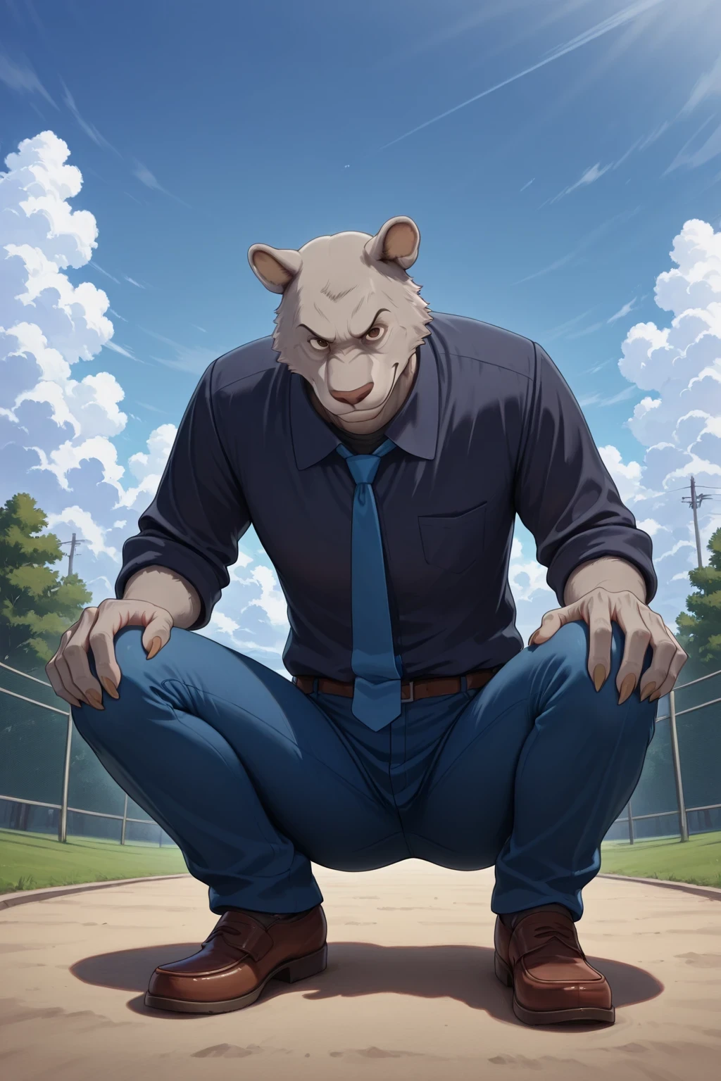 absurd result, best quality, alta calidad, detailed,  , wide shoulders, Mature man, tiny brown eyes, athletic build, musculvery hombre,  round ears , very, polish, Grey body, blue school pants, black long sleeve shirt,  blue tie, while squatting, squatting, in the schoolyard, sky blue, white clouds, sunny day, looking at the spectator, full body, aggressive, gray fur, claws