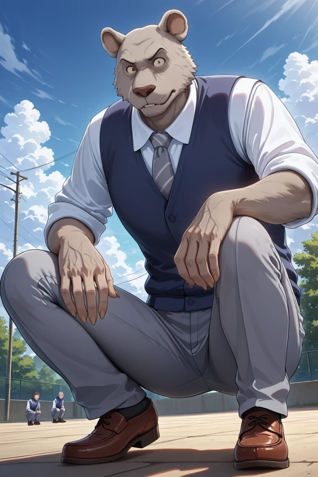 absurd result, best quality, alta calidad, detailed,  , wide shoulders, Mature man, tiny brown eyes, athletic build, musculvery hombre,  round ears , very, polish, Grey body, gray school pants with thick black stripes ,Navy blue vest, white long sleeve shirt, gray tie, while squatting, squatting, in the schoolyard, sky blue, white clouds, sunny day, looking at the spectator, full body, aggressive, gray fur, clawed hands