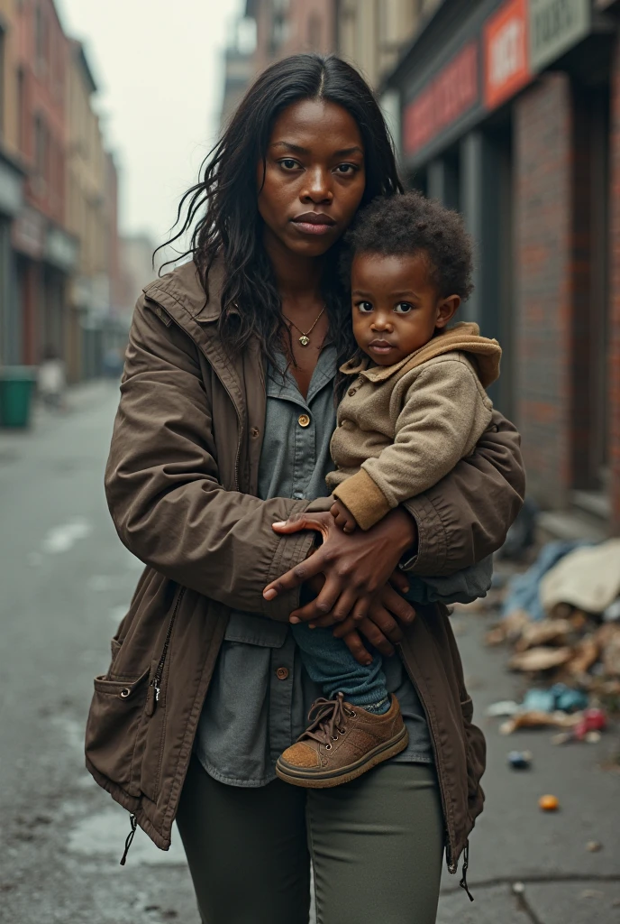 Black woman with a baby in her arms asking for help on the street