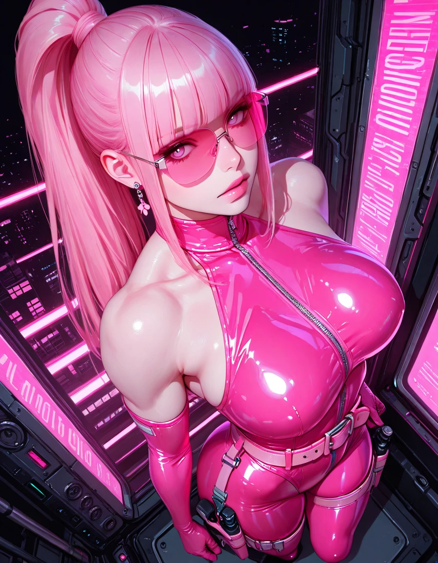 pink dominatrix concept, portrait picture Unreal Engine 5 8K UHD of beautiful female, full pink latex, straight blunt bangs hair, pink tight latex , earrings, pink latex body straps, pink latex long sock, pink latex long glove, futuristic design, beautiful make up, best quality, masterpiece, breasts