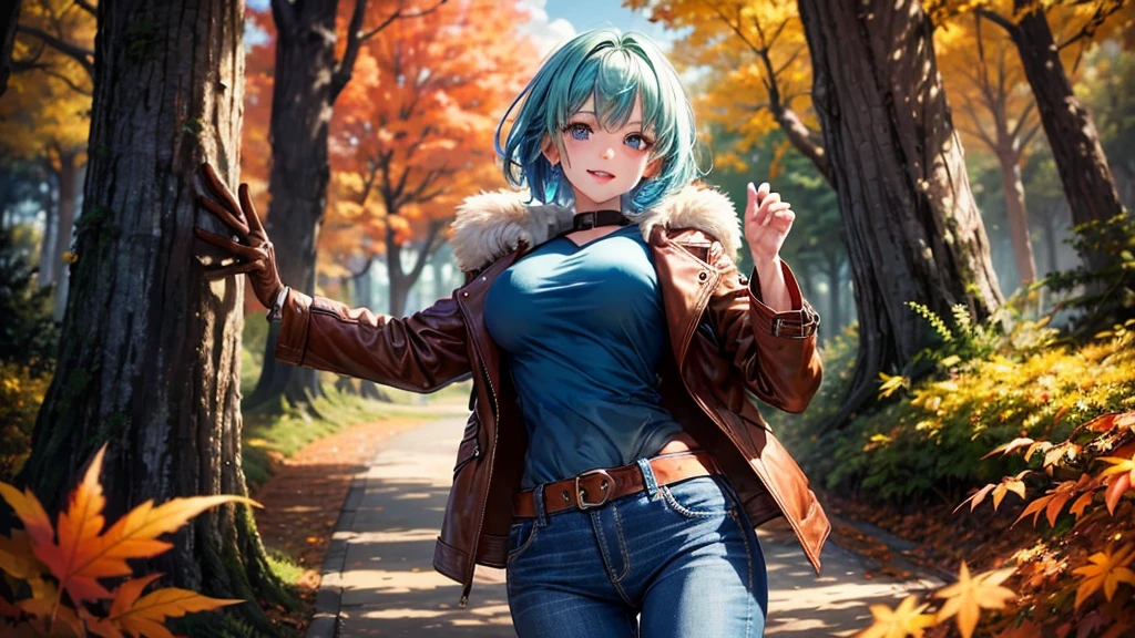 1girl, solo, trees, sun, clouds, autumn, colorful trees, falling leaves, ((blue hair)), short hair, large breasts, ((brown leather jacket)), button down shirt, ((blue checked shirt)), ((unbuttoned shirt)), unbuttoning buttons, ((full cleavage)), blue eyes, long skirt, brown boots, smile, happy, looking at the viewer, walking, upper view, hair ribbon, golden necklate