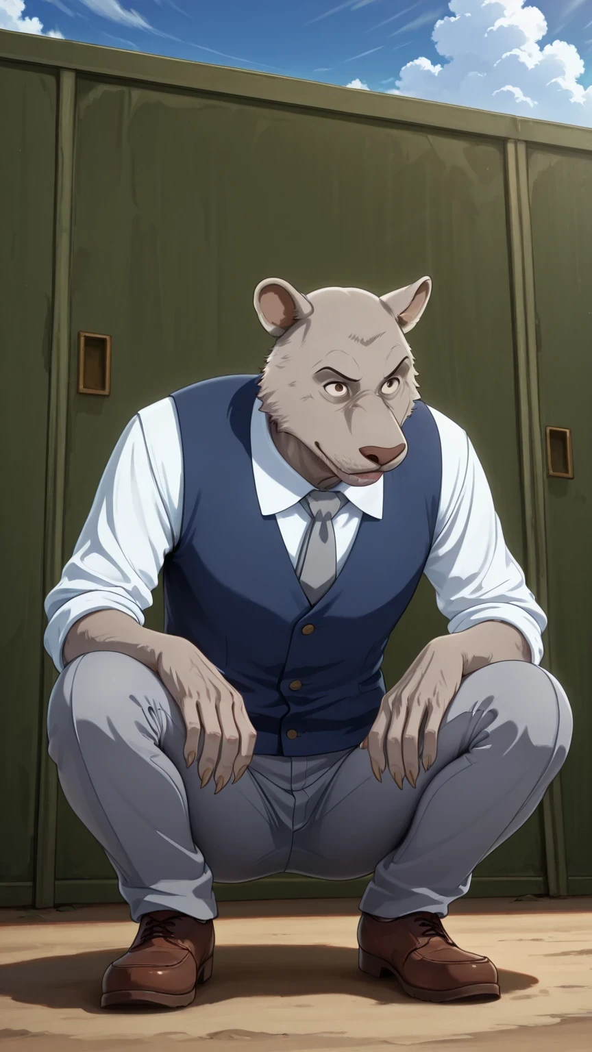 absurd result, best quality, alta calidad, detailed,  , wide shoulders, Mature man, tiny brown eyes, athletic build, musculvery hombre,  round ears , very, polish, Grey body, gray school pants with stripes ,Blue vest, white long sleeve shirt, gray tie, while squatting, squatting, in the schoolyard, sky blue, white clouds, sunny day, looking at the spectator, full body, arrogant, gray fur, claws, salivating