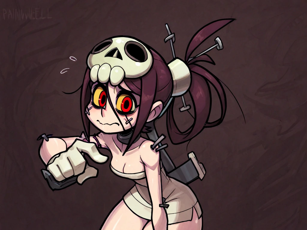 (masterpiece, best quality, high resolution), (illustration:1.0), perfect lighting, 1girl, solo, cowboy shot, 1girl, abams, object through head, bandages, blood, hair over one eye, chain, pale skin, <lora:AbaMS:1>, <lora:MurkySpecial:0.8>