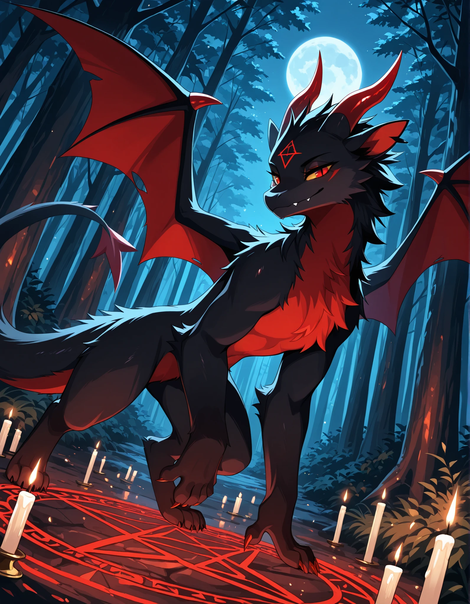 high detail, 4k, high resolution, good_hands, Detailed background, forest, night, dynamic angle, summoning circle, pentagram, candles, solo, (Evil Fwench fwy, furred dragon, black skin, black fur, red stomach, red claws, red horns, red eyes, yellow sclera, slit pupils, black ear interior, paws), shortstack, half-closed eyes, seductive smile,