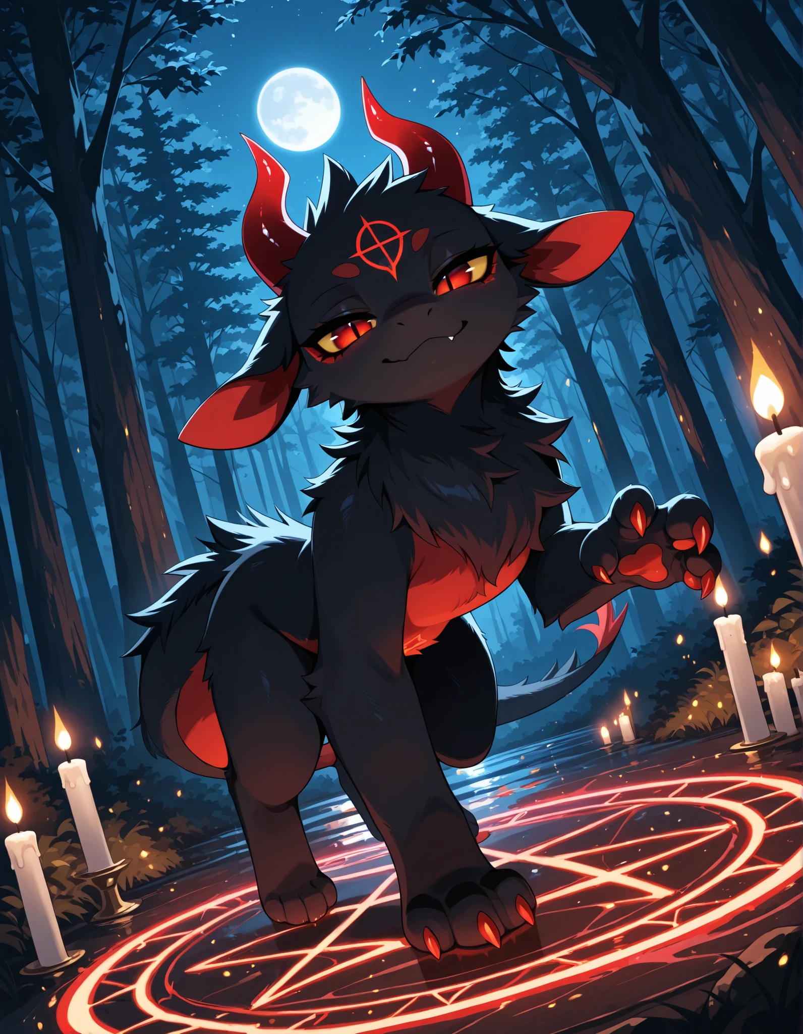 high detail, 4k, high resolution, good_hands, Detailed background, forest, night, dynamic angle, summoning circle, pentagram, candles, solo, (Evil Fwench fwy, furred dragon, black skin, black fur, red stomach, red claws, red horns, red eyes, yellow sclera, slit pupils, black ear interior, paws), shortstack, half-closed eyes, seductive smile,