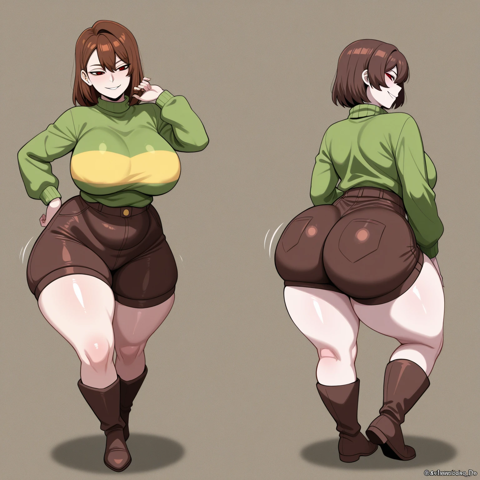 ((best quality)), ((masterpiece)), (detailed), Undertale Chara, brown hair, (brown shorts: 1.3), bob cut, short hair, (green shirt: 1.3), red eyes, (1girl: 1.3), (solo: 1.3), stripes, striped shirt, (large breasts:1.6), (giant hips:1.6), (thick thighs:1.8), full body