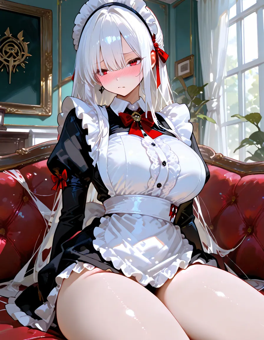 best quality, masterpiece, highres, solo, {maid:1.40}, {long maid dress:1.15}, {agir_azurlane:1.15}, horns, long_hair, yellow_eyes, multicolored_hair, streaked_hair, red_hair, white_hair, breasts, large_breasts, demon_horns, hair_between_eyes, two-tone_hair, very_long_hair, cleavage, jewelry, hair_on_horn