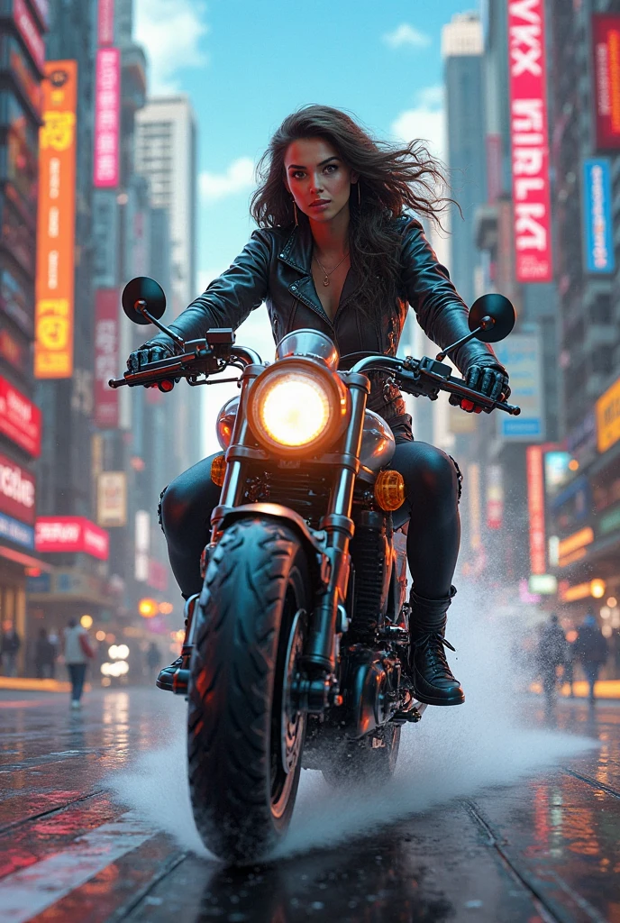 A girl riding a motorcycle with red hair and white outfit 