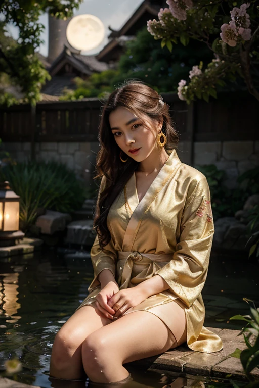 (((best quality))),(((ultra detailed))),(((masterpiece))),illustration, elderly man, bare chest, young girl, bright red dudou, traditional Chinese courtyard, open-air hot spring pool, breathtaking landscape, weathered skin, deep wrinkles, gentle eyes, bald head, white hair, muscular arms, sun-kissed skin, delicate features, long black hair, almond-shaped eyes, mischievous expression, rosy cheeks, full lips, red dudou, golden embroidery, vibrant attire, manicured gardens, rockeries, bamboo groves, plum blossoms, moonlit sky, therapeutic hot spring, harmony, nature, humanity, unity, summer, vibrant colors, timeless charm, cultural beauty
