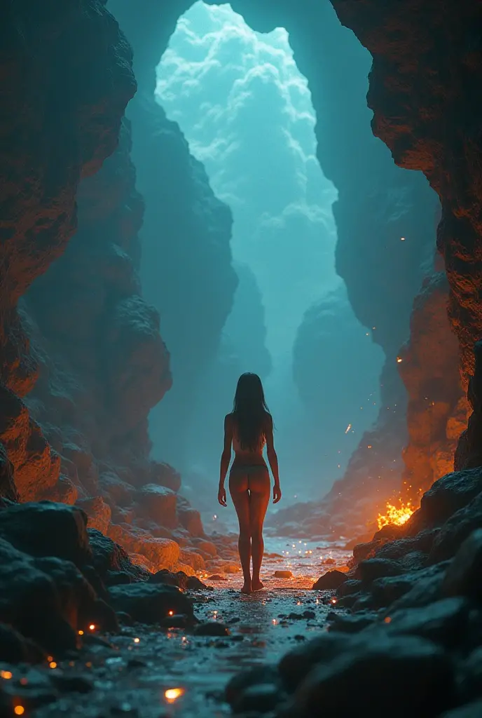 (masterpiece, high detail, high resolution, art style by Greg Rutkowski, depth of field), (one woman), a ((fully naked)) warrior woman ((bathing in a cave lake)), alone in a ((dark cave)), (tending to her bleeding wounds), she's removing her cloak, view from behind, attentively observing her surroundings), (background: dark narrow cave tunnel), (large white cloak billowing dramatically in the wind at her back), visible muscles, sculpted body, strong arms, strong legs, brown skin, battle scars on entire body, ((dirty skin with sweat streaks)), (thick rusty paint hair: 1.8), sensual, (small breasts: 1.9), (small butt: 1.9), ((strong body)), full body view, ((simple dark cave background:1.4)), (inside a cave background), (stern facial expression), relaxed, detailed, (volumetric, level difference detail), dusty atmosphere, backlight, contour light, strong but seductive, (((alone))), washed out colours